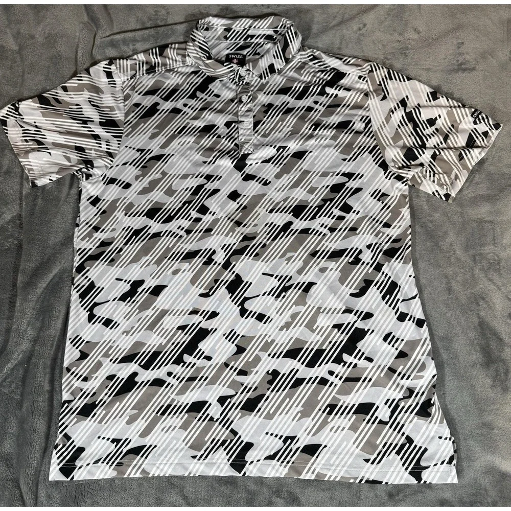 Swiss Alps Polo Shirt Mens Large Gray Camo Stretch Knit Golf Performance